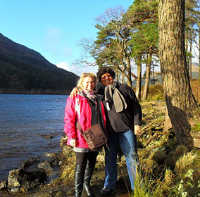 Maureen and Angela Brown near Balliemeanoch Farmhouse and Steading in Scotland.